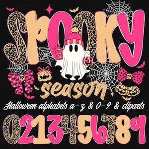 Pink Leopard Halloween-alfabet PNG: preppy griezelig lettertype en ghost-clipart voor sublimatieontwerp (digitale download)