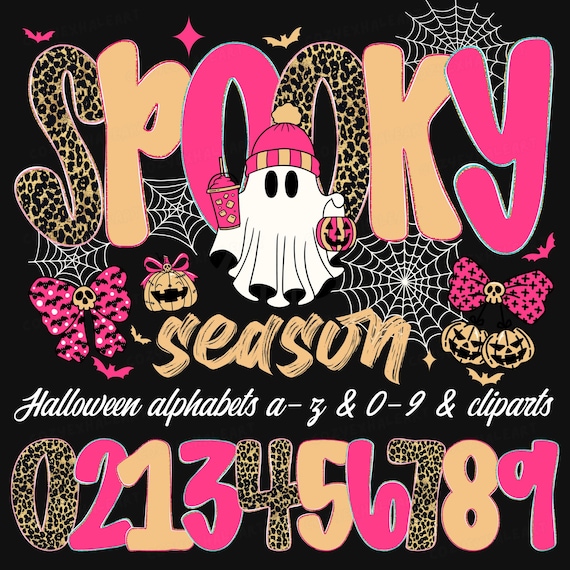 Pink Leopard Halloween Alphabet PNG: Preppy Spooky Font & Ghost Clipart for Sublimation Design (Digital Download)