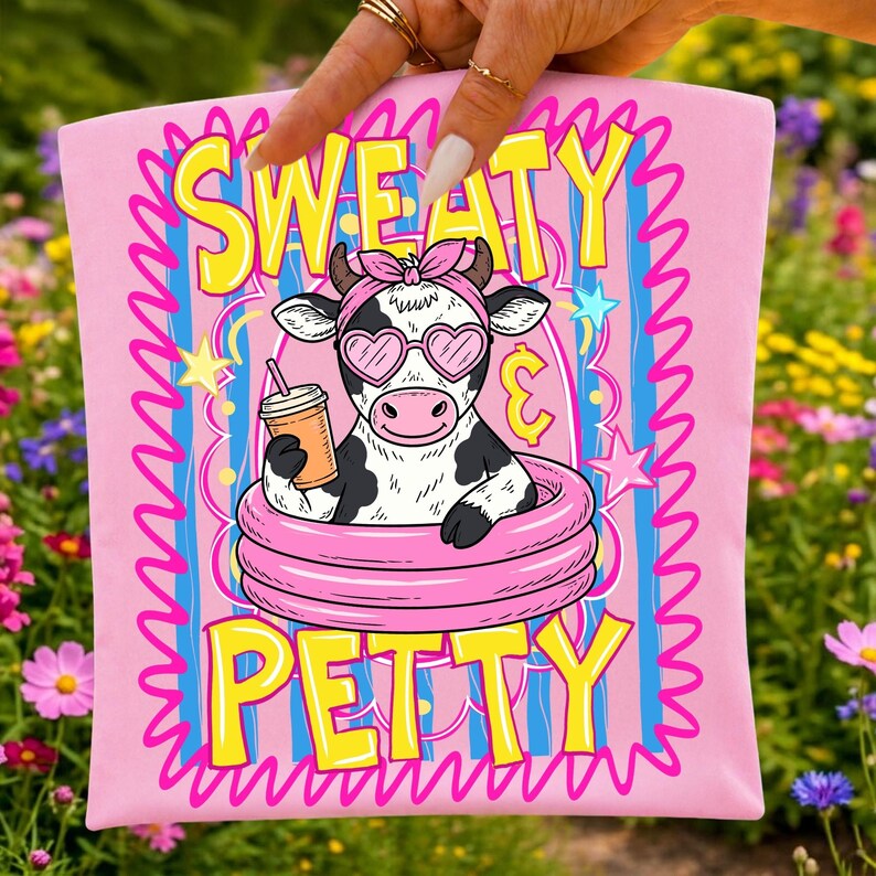 May include: Pink graphic tee featuring a cartoon cow wearing heart-shaped sunglasses and a pink bow, floating in a pink inner tube. The text "SWEATY PETTY" is in yellow and pink. The cow is holding a drink with a straw.