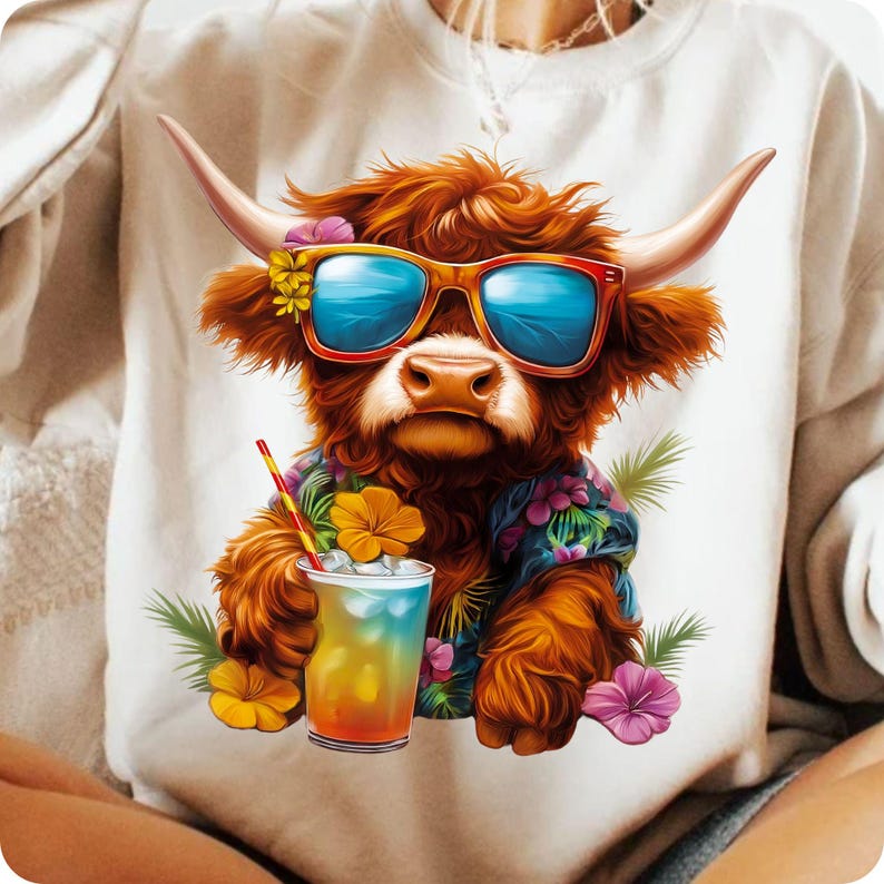 Summer Vibes Highland Cow PNG, Retro Funny Beach Shirt Design, Summer Sublimation, Highland Cow Summer PNG, Digital Download