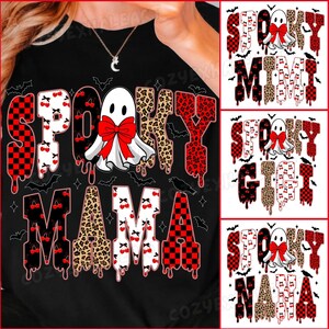 May include: Black t-shirt with the words "Spooky Mama" in a mix of fonts and patterns, including cherries, leopard print, and red and black checkered designs. A ghost with a red bow is in the center. Bats and a crow are also featured.