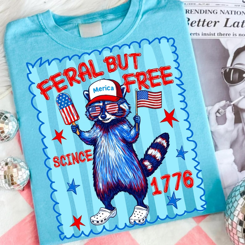 Patriotic Raccoon Sublimation Design on T-Shirt Mockup