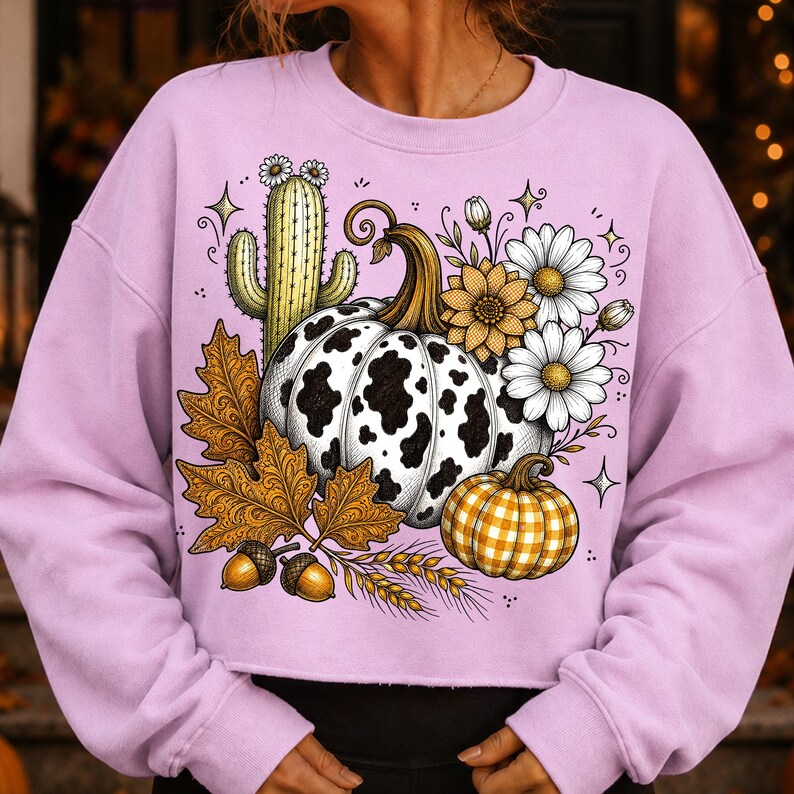 Puede incluir: Una sudadera de manga larga color morado claro con un estampado gr&aacute;fico de una calabaza con manchas de vaca, una calabaza de cuadros amarillos, un cactus verde con flores blancas, hojas de oto&ntilde;o, bellotas, trigo y margaritas blancas.