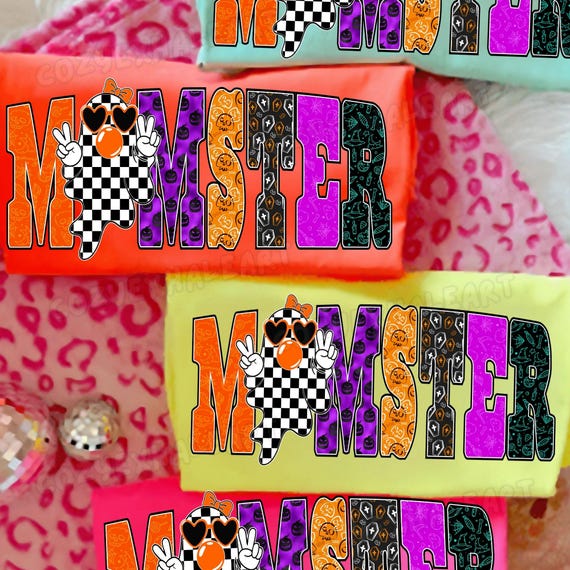 Halloween Momster Sublimation Design: Spooky Preppy Neon Witch Bat Print for Mom Shirts & Digital Gifts