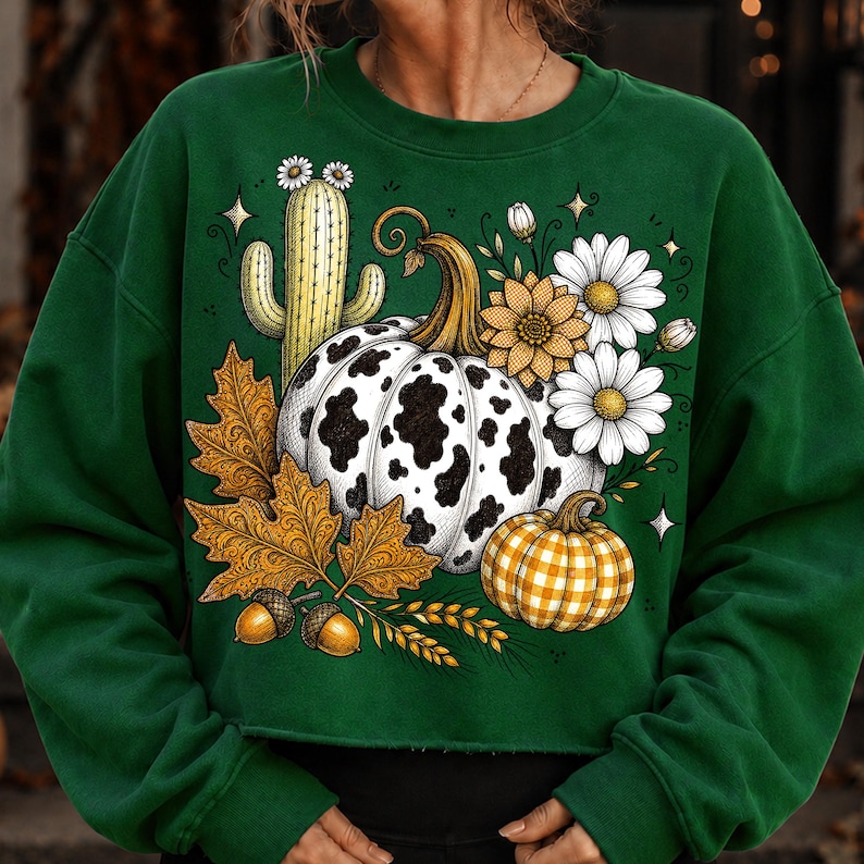 Puede incluir: Una sudadera de manga larga verde oscuro con un estampado gr&aacute;fico de una calabaza con manchas de vaca, una calabaza de cuadros amarillos, un cactus con flores blancas, hojas de oto&ntilde;o naranjas, bellotas, espigas de trigo y margaritas.