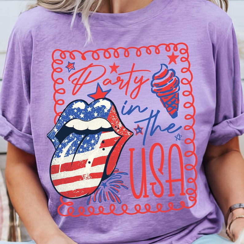 Party In The USA PNG, Coquette 4th of July Sublimation Design, Girly Red White Blue Preppy USA Shirt, Patriotic Retro America PNG