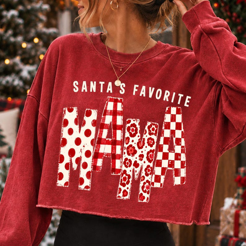 Santa's Favorite Mama digital design on a festive white t-shirt mockup