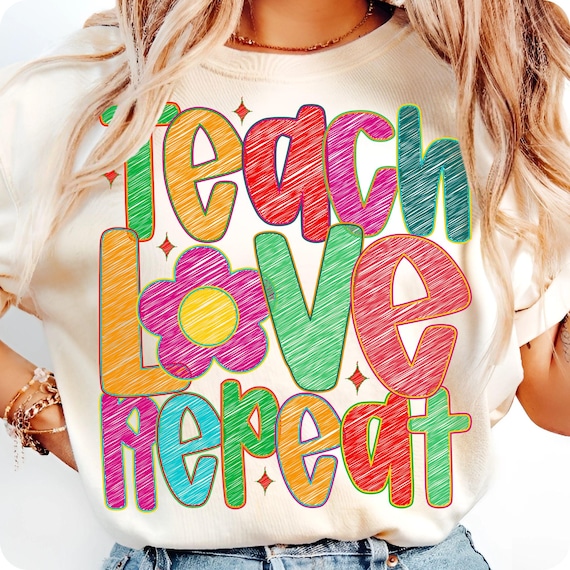 Teach Love Repeat PNG: Retro Boho Teacher Design (Digital Download)