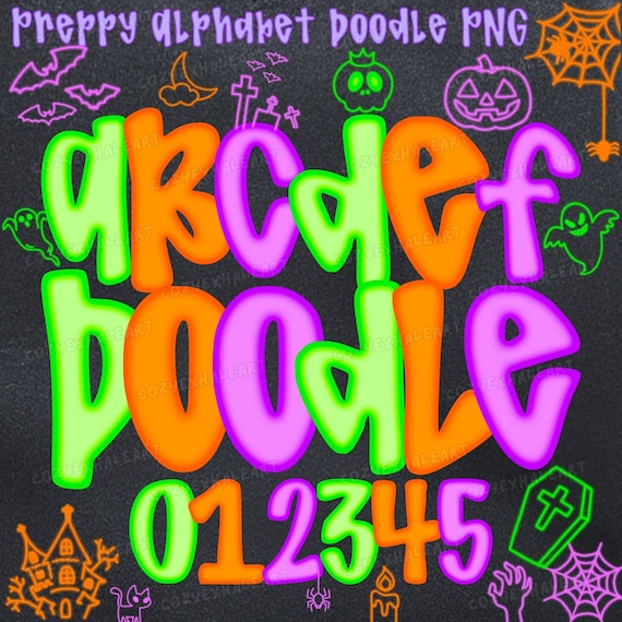 Neon Halloween Alphabet PNG: Spooky Doodle Font, Glow Letters (Digital Download