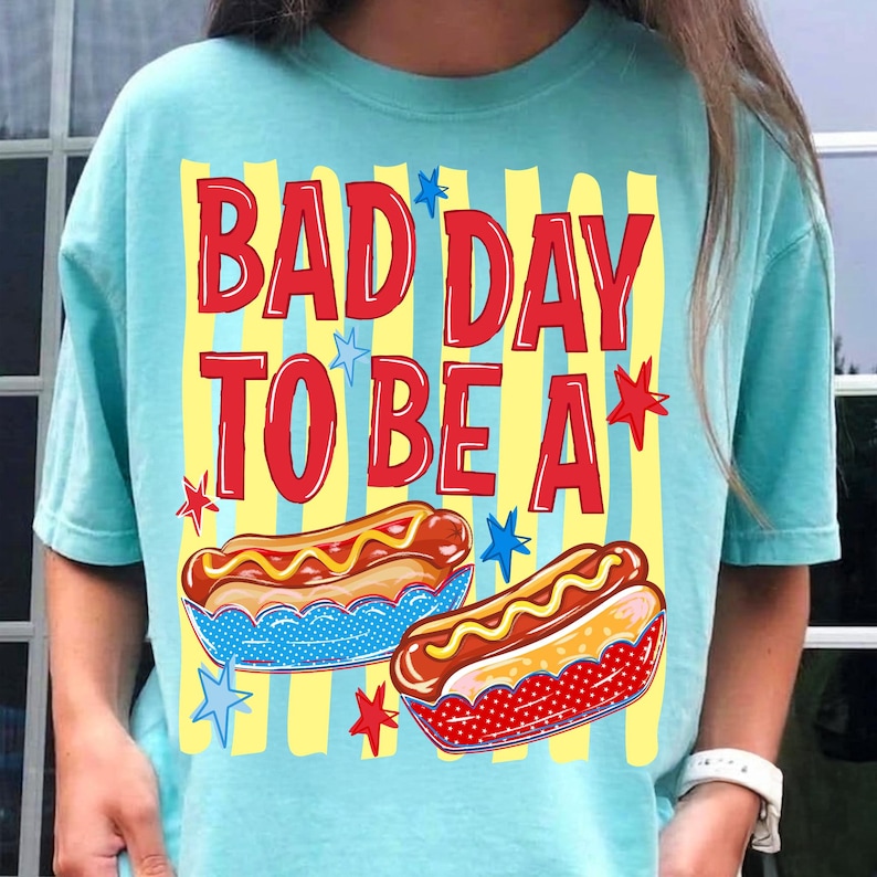 Close-up of the distressed retro Americana style of the Bad Day To Be A Hot Dog digital design.