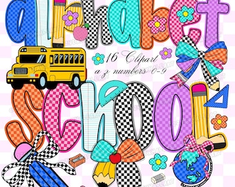 Back to School Alphabet PNG Bundle Preppy Floral Gingham Retro Checkered Leopard Y2K Clipart Font for Teacher Sublimation 100 Days Design
