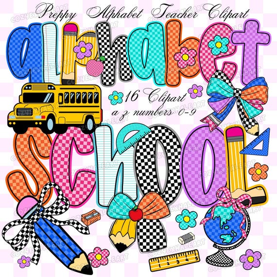 Preppy Doodle Alphabet PNG Clipart: Gingham Back to School Teacher Font (Digital Download)