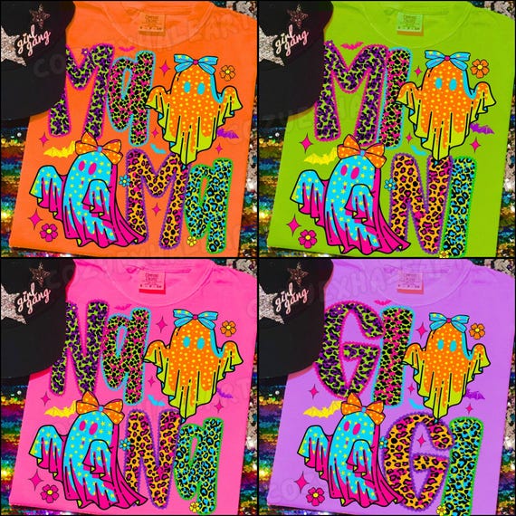 Preppy Neon Ghost Family Halloween PNG Bundle: Digital Shirt Design for Moms, Gigi, Nana