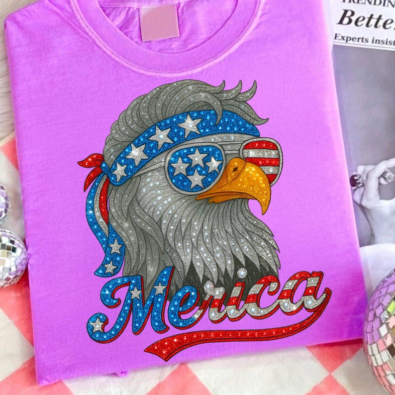 Merica Eagle Faux Rhinestone PNG, Retro 4th of July Design, Patriotic American Eagle Sublimation, Independence Day Shirt PNG