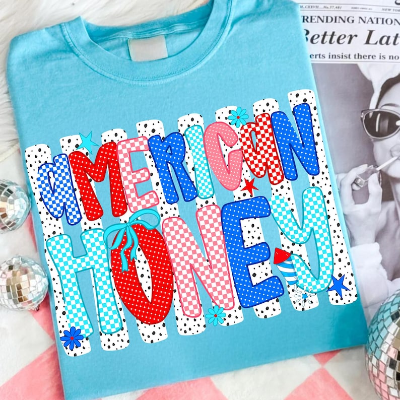 Vibrant American Honey PNG 4th of July sublimation design featuring a coquette bow, retro text, and patriotic leopard checkered star elements.
