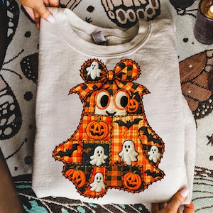Retro Patchwork Ghost PNG: Halloween Sublimation Design Digital Download for Cozy Fall Decor