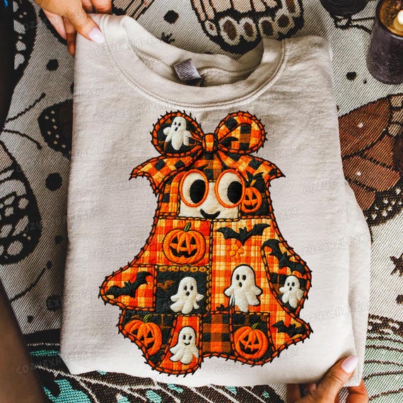 Retro Patchwork Ghost PNG: Halloween Sublimation Design Digital Download for Cozy Fall Decor
