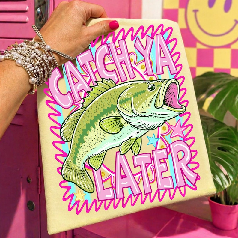 Detailed Largemouth Bass fishing graphic in pink and teal pastel colors on a transparent background