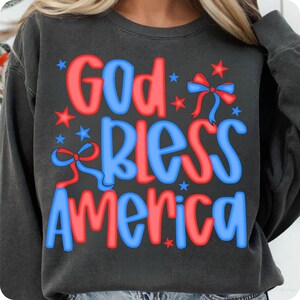 Preppy America Coquette PNG, God Bless America Bow Design, Christian 4th of July Sublimation, Patriotic Cross USA Shirt Graphic