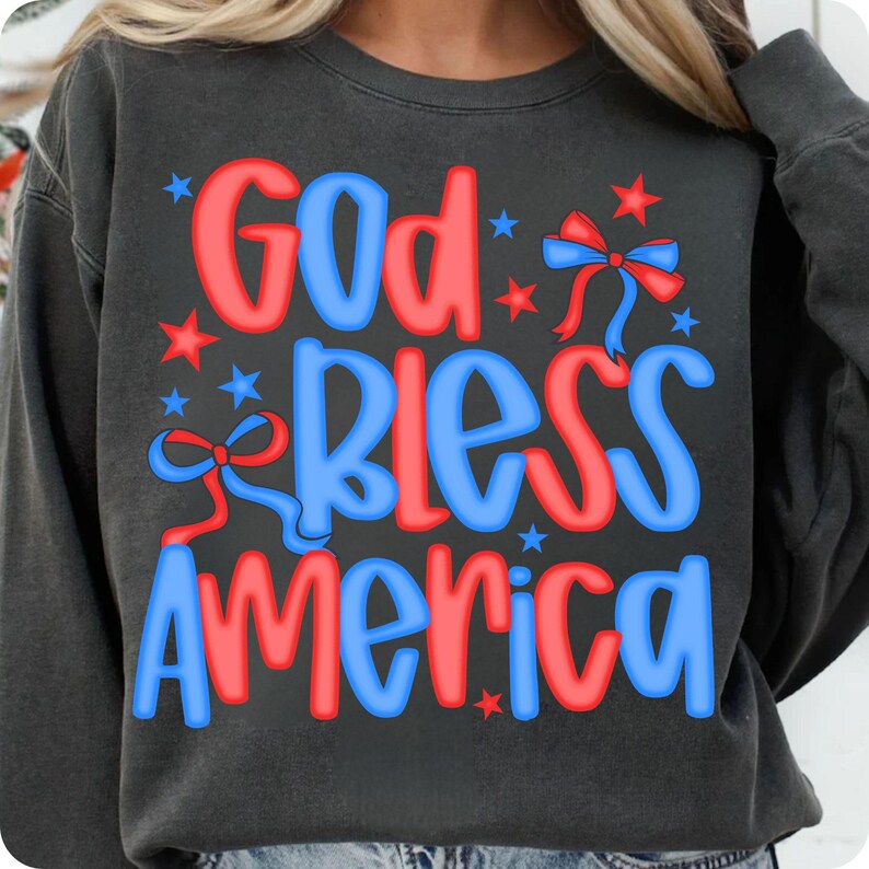 Preppy America Coquette PNG, God Bless America Bow Design, Christian 4th of July Sublimation, Patriotic Cross USA Shirt Graphic