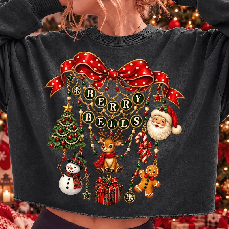 Vintage Coquette Christmas charm bow design with Berry Bells text featuring Santa, snowman, and reindeer