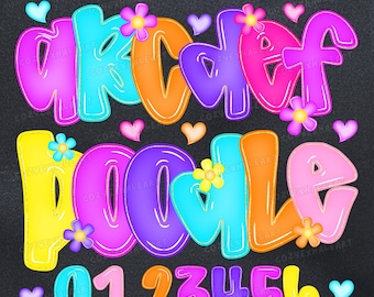 Pastell Alphabet Doodle PNG: Florale Buchstaben & Zahlen, Girly Clipart Font (digitaler Download)