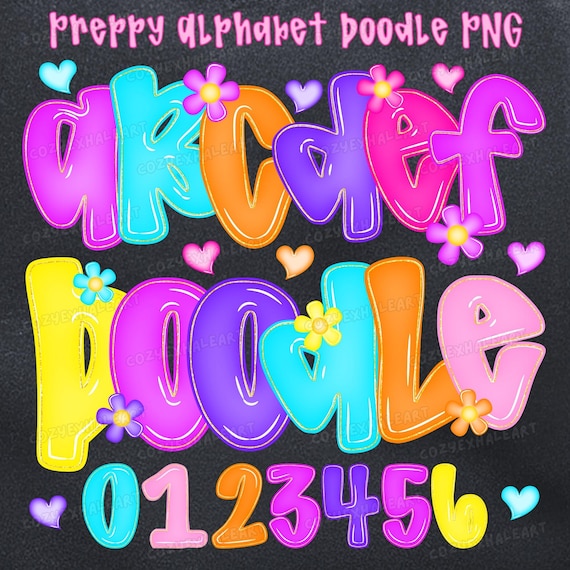 Pastel Alphabet Doodle PNG: Floral Letters & Numbers, Girly Clipart Font (Digital Download)