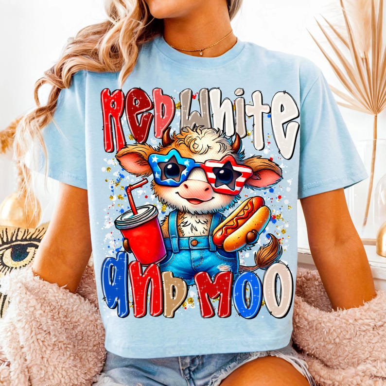 Rödvit och Moo PNG 4 juli Highland Cow Sublimation Design Patriotic Independence Day Digital Download American Pride Cow Clipart bild 9