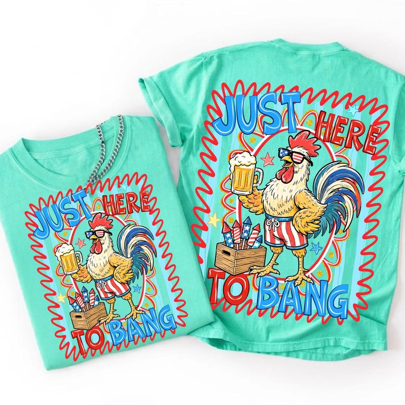 T-Shirt Mockup featuring the Just Here To Bang Patriotic Rooster Design