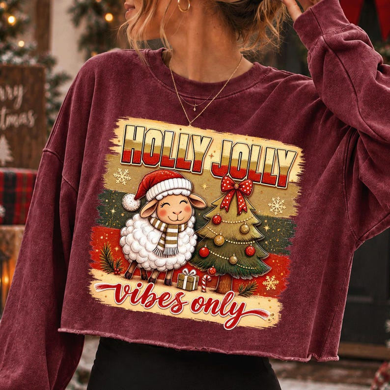 Może przedstawiać: Bordowa bluza z długim rękawem i kr&oacute;tkim krojem z nadrukiem owcy w czapce Mikołaja i szaliku obok udekorowanej choinki. Napis HOLLY JOLLY vibes only wykonany jest czerwoną i ż&oacute;łtą czcionką z akcentami w kształcie płatk&oacute;w śniegu.