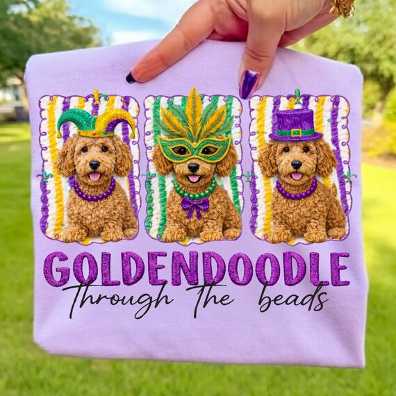Mardi Gras Goldendoodle PNG Beads Dog Shirt Carnival Dog Design Purple Green Gold Jester Dog Masked Dog Fat Tuesday Louisiana Dog