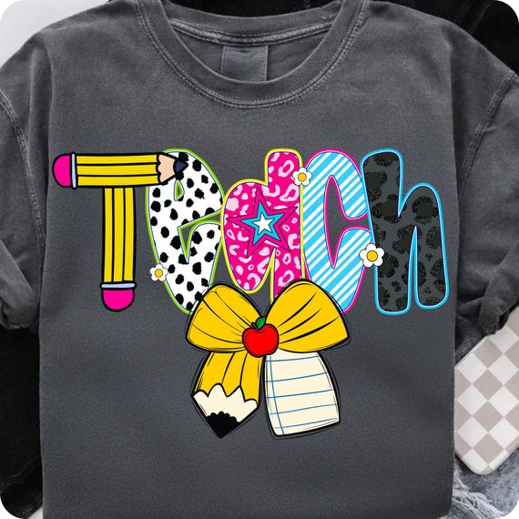 Preppy Teacher Floral PNG: Leopard Bow Pencil Design (Digital Download)