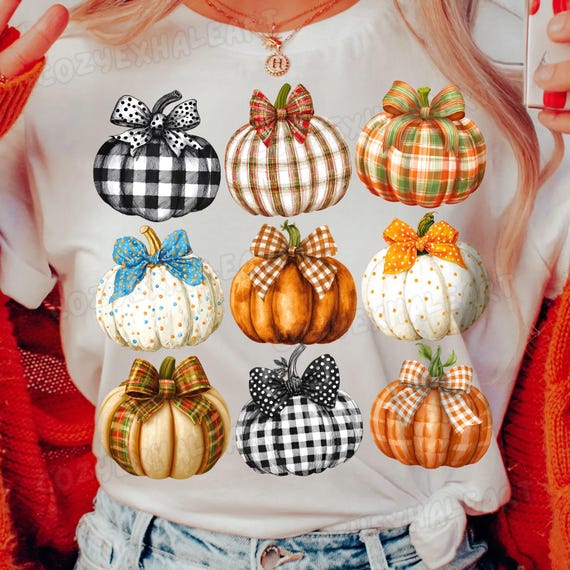 Autumn Gingham Pumpkin Clipart: Polka Dot Bow PNG, Coquette Fall Digital Download for Crafts