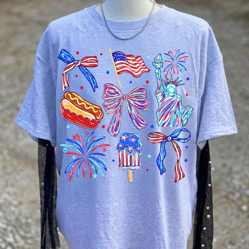 Mockup of an American Coquette 4th of July design on a t-shirt, demonstrating its use for apparel and DTF projects.