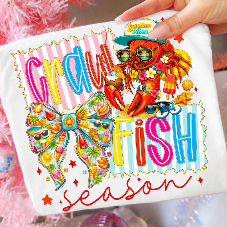 Preppy Crawfish Season PNG Sublimation Design with Coquette Bow and Retro Stripes