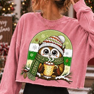 May include: A dusty pink long-sleeve cropped sweatshirt featuring a graphic of a brown owl wearing a red, white, and green knit hat and a green scarf. The owl holds a yellow mug with steam, set against a green arched background with snowflakes.