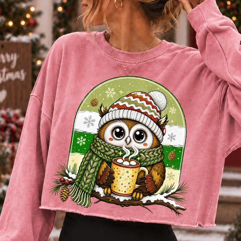 May include: A dusty pink long-sleeve cropped sweatshirt featuring a graphic of a brown owl wearing a red, white, and green knit hat and a green scarf. The owl holds a yellow mug with steam, set against a green arched background with snowflakes.