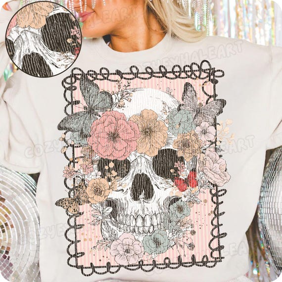 Floral Skull PNG: Boho Butterfly Skeleton Sublimation Design (Digital Download