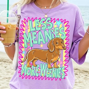 Less Meanies More Weenies PNG Retro Dachshund Sublimation Design Wiener Dog DTF Transfer Doxie Dog Lover Summer Shirt Graphic Sausage Dog