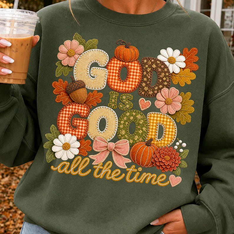 Pu&ograve; includere: Una felpa girocollo verde oliva con un design grafico che riporta il testo "GOD IS GOOD all the time". Le lettere sono riempite con vari motivi, tra cui quadri, fiori e texture in iuta, circondate da zucche, fiori e foglie decorative.