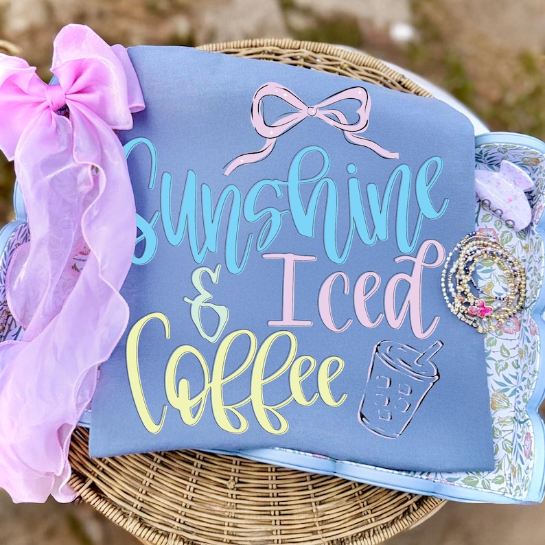 Sunshine and Iced Coffee PNG Pink Coquette Bow Design on a T-Shirt
