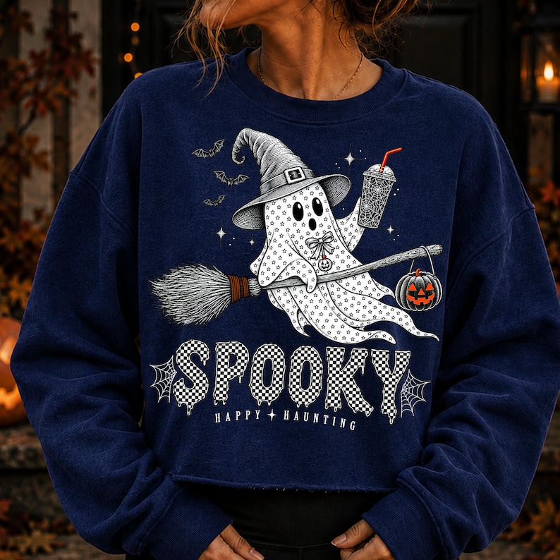 May include: A navy blue sweatshirt featuring a graphic of a ghost wearing a witch hat, holding a drink and a broomstick with a hanging jack-o'-lantern. The text reads SPOOKY HAPPY HAUNTING in a checkered pattern with spider web accents.
