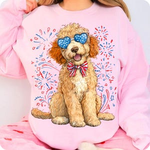 Goldendoodle Patriotic PNG, Fourth of July Dog Clipart, USA Dog Digital Illustration, Red White Blue Bow, Retro 4th of July Sublimation