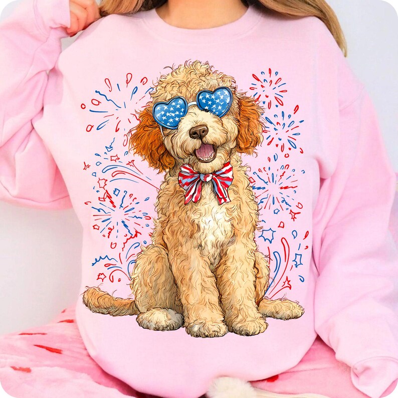 Goldendoodle Patriotic PNG, Fourth of July Dog Clipart, USA Dog Digital Illustration, Red White Blue Bow, Retro 4th of July Sublimation