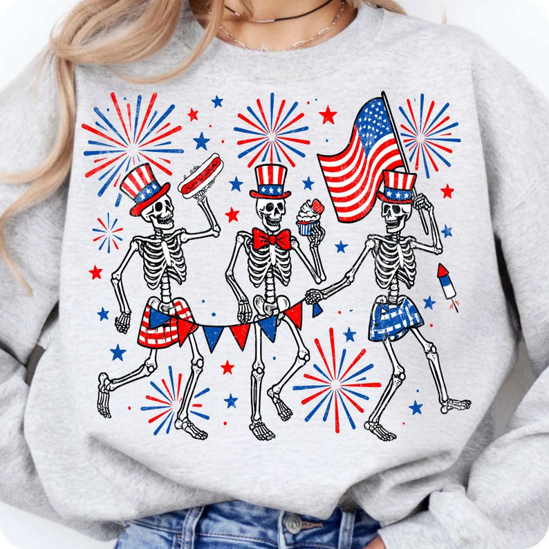 Patriotic Skeletons PNG, Funny USA 4th of July Red White Blue Sublimation Design, Independence Day America Party Shirt Graphic