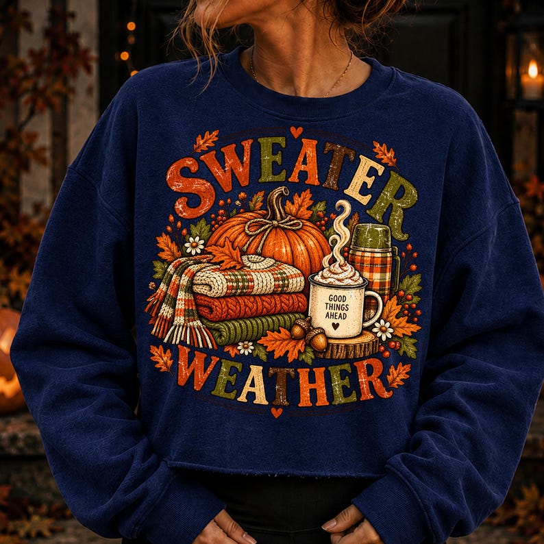 Puede incluir: Una sudadera azul marino de cuello redondo con un estampado gr&aacute;fico colorido que incluye el texto "SWEATER WEATHER". El dise&ntilde;o muestra una calabaza naranja grande, una pila de jers&eacute;is de punto doblados, un termo y una taza con el texto "GOOD THINGS AHEAD".