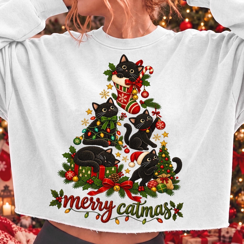 Merry Catmas Black Cat Christmas PNG featuring five playful cats and holiday elements