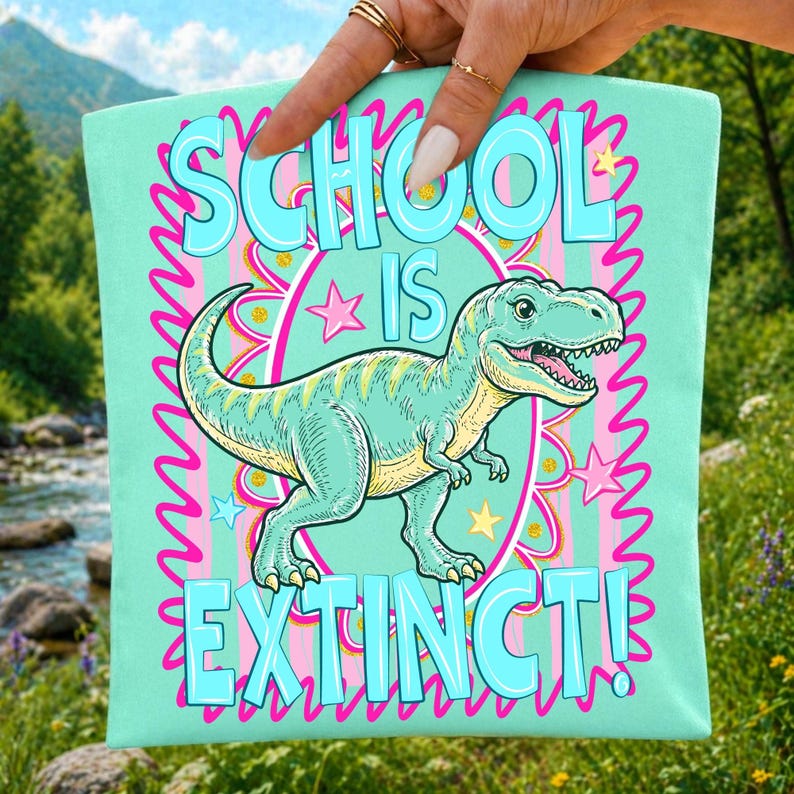School Is Extinct T-Rex PNG design on a white background, featuring a retro dinosaur wearing sunglasses and a graduation cap.