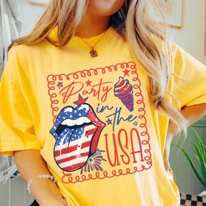 Party In The USA PNG, Coquette 4th of July Sublimation Design, Girly Red White Blue Preppy USA Shirt, Patriotic Retro America PNG