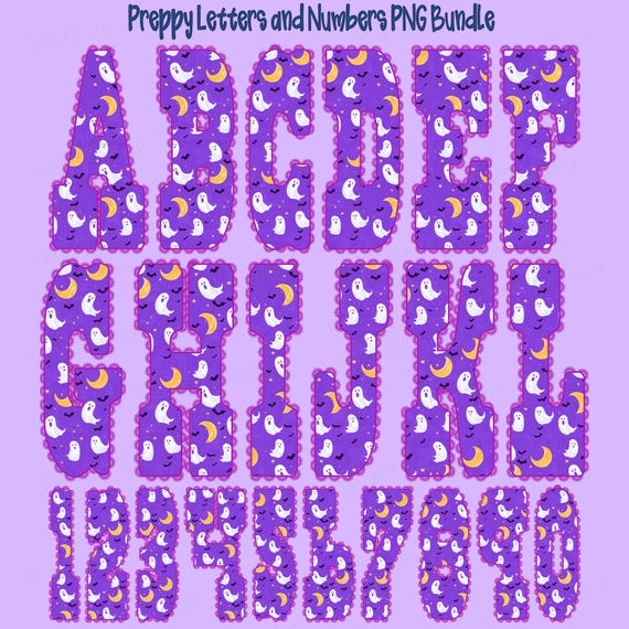 Preppy Halloween Alphabet PNG: Purple Ghost Font, Scallop Edge (Digital Download